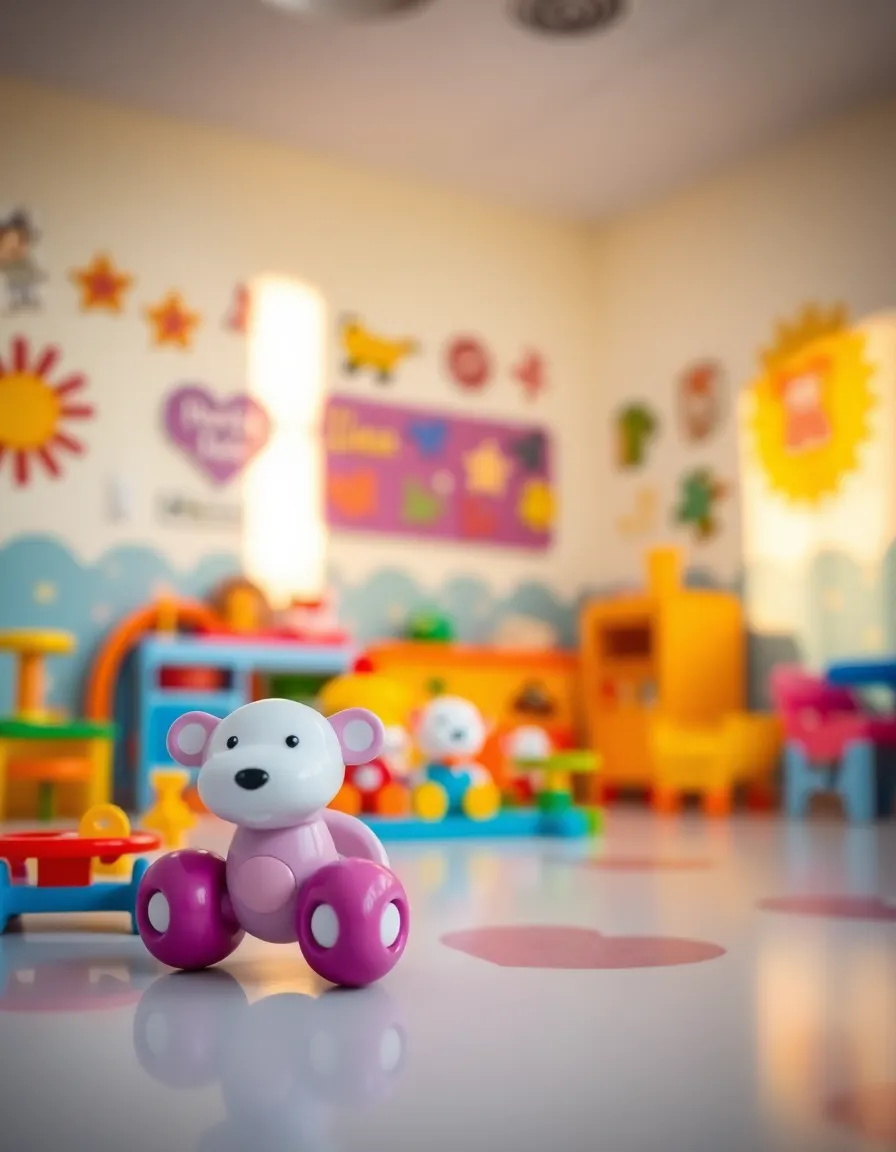 Cheerful Pediatric Play Area in Hospital A vibrant pediatric play area within a hospital comes to life in this cheerful image, showcasing colorful toys and uplifting decor. The golden hour backlight envelops the scene, enhancing warmth and comfort. A shallow depth of field invites focus on the toys, creating a sense of playful intimacy. The composition captures the essence of child-friendly healthcare spaces, encouraging a sense of joy in a typically serious environment.