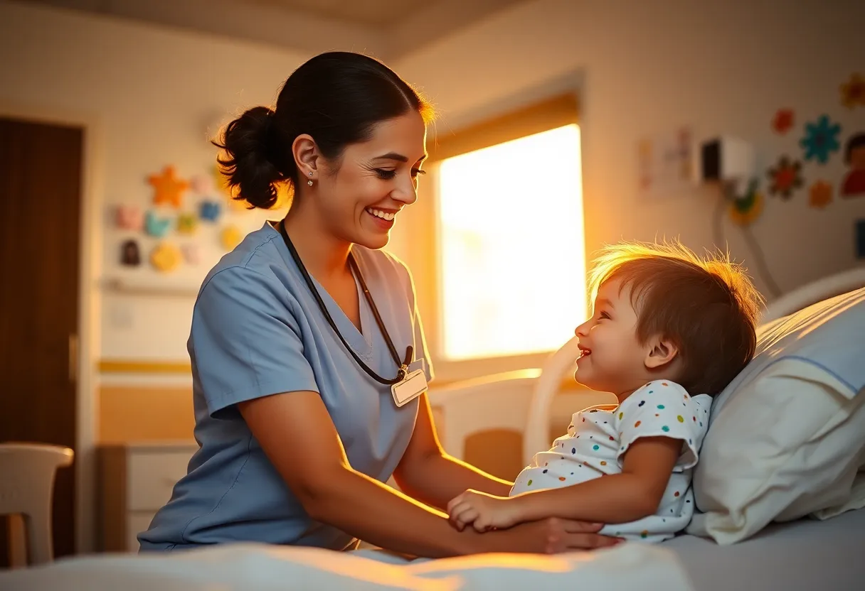 In a softly lit hospital room, a pediatrician is depicted engaging with a young patient, showcasing the importance of compassionate healthcare. The overcast daylight enhances the calm atmosphere, while the pediatrician's joyful interaction elicits a sense of comfort. Muted tones of the furnishings and the child's bright clothing create a hopeful mood, making the scene feel welcoming and safe.