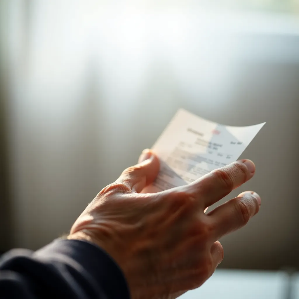 This intimate close-up captures a patient's hand holding a medical report, showcasing the delicate details of skin texture and paper texture. The gentle lighting creates a warm atmosphere, emphasizing the human element of healthcare. The background softly blurs into greens, enhancing the focus on the hand. This image evokes a sense of vulnerability and connection in the patient experience, highlighting the importance of personalization in medical care.