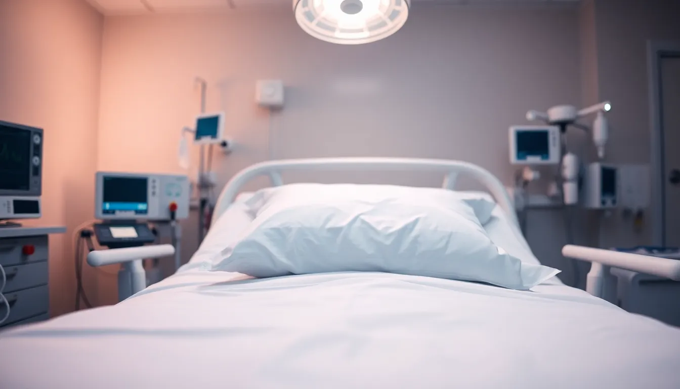 This close-up shot showcases a hospital bed adorned with crisp white sheets and a plush pillow, inviting patients into a serene space. The soft overhead lighting creates a warm ambiance, emphasizing the clean and calming environment. The focus on the bedding texture, with the surrounding medical equipment fading gently into the background, highlights the patient-centric approach of modern healthcare. The color palette of whites and soft pastels further enhances the feeling of cleanliness and tranquility, making this image a perfect representation of comfort in a medical setting.