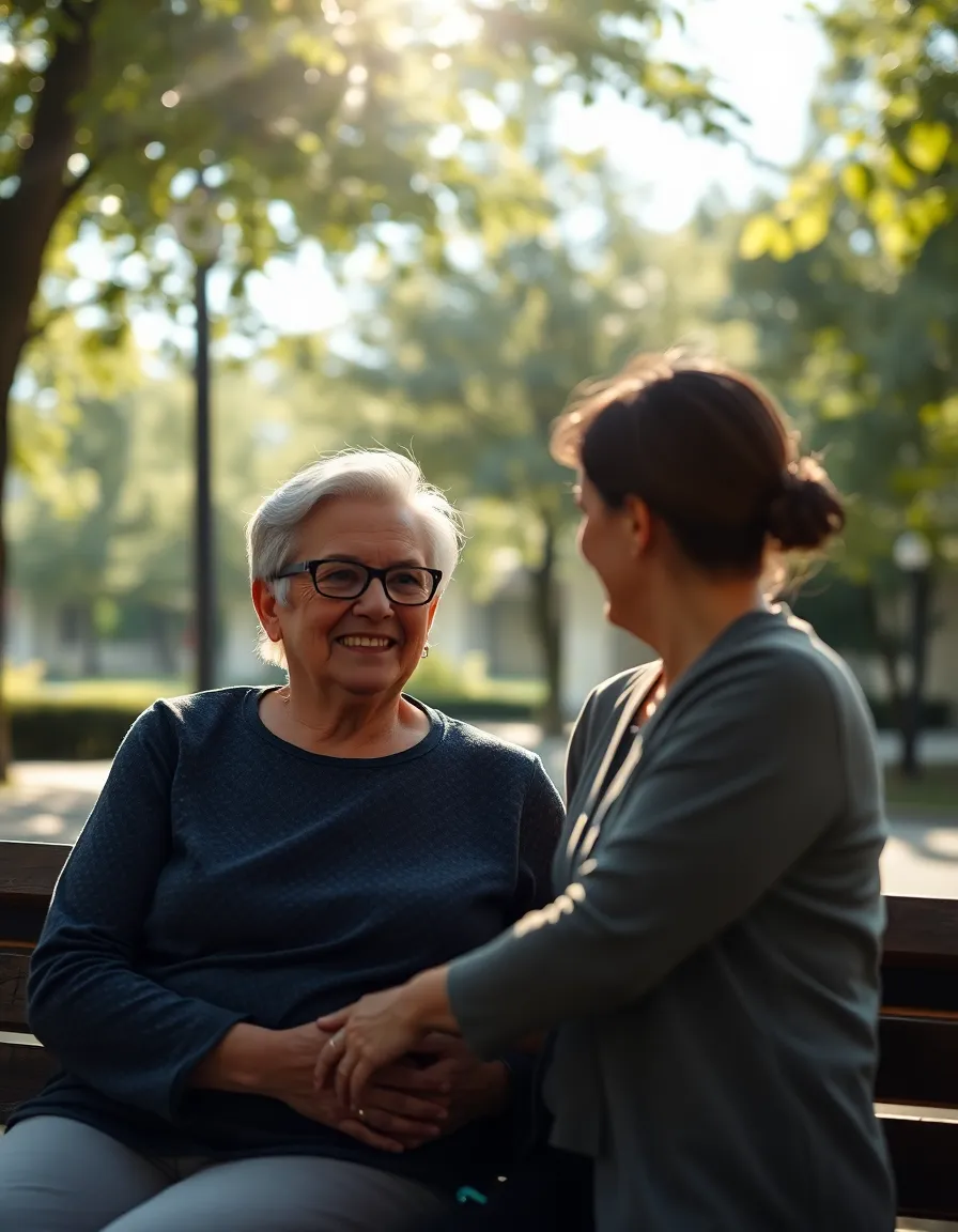 This serene image captures a patient receiving therapy in a calming outdoor hospital setting, with dappled sunlight filtering through trees. The composition highlights the genuine connection between the patient and therapist, emphasizing the therapeutic moment. Shallow depth of field enhances focus on their expressions, while the natural, muted tones create a harmonious ambiance. This image conveys a sense of tranquility and hope, characteristic of healing environments.