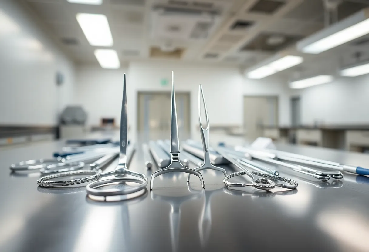 An array of sterile surgical instruments is meticulously arranged on a polished stainless steel table, reflecting the bright overhead lights. The sharp focus on the instruments, paired with a shallow depth of field, emphasizes each tool's detail and precision. The clinical atmosphere is conveyed through muted colors, underlining the importance of sterility in healthcare environments.