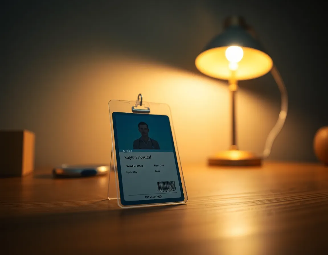 A doctor thoughtfully reviews a patient chart at a wooden desk in a cozy, well-lit office. The warm glow from a tungsten lamp casts a comforting light, highlighting the doctor's focused expression. The image utilizes the rule of thirds with the hands emphasizing their meticulousness. Saturated colors and rich textures add life to the clinical details, creating a perfect blend of professionalism and warmth in the healthcare context.