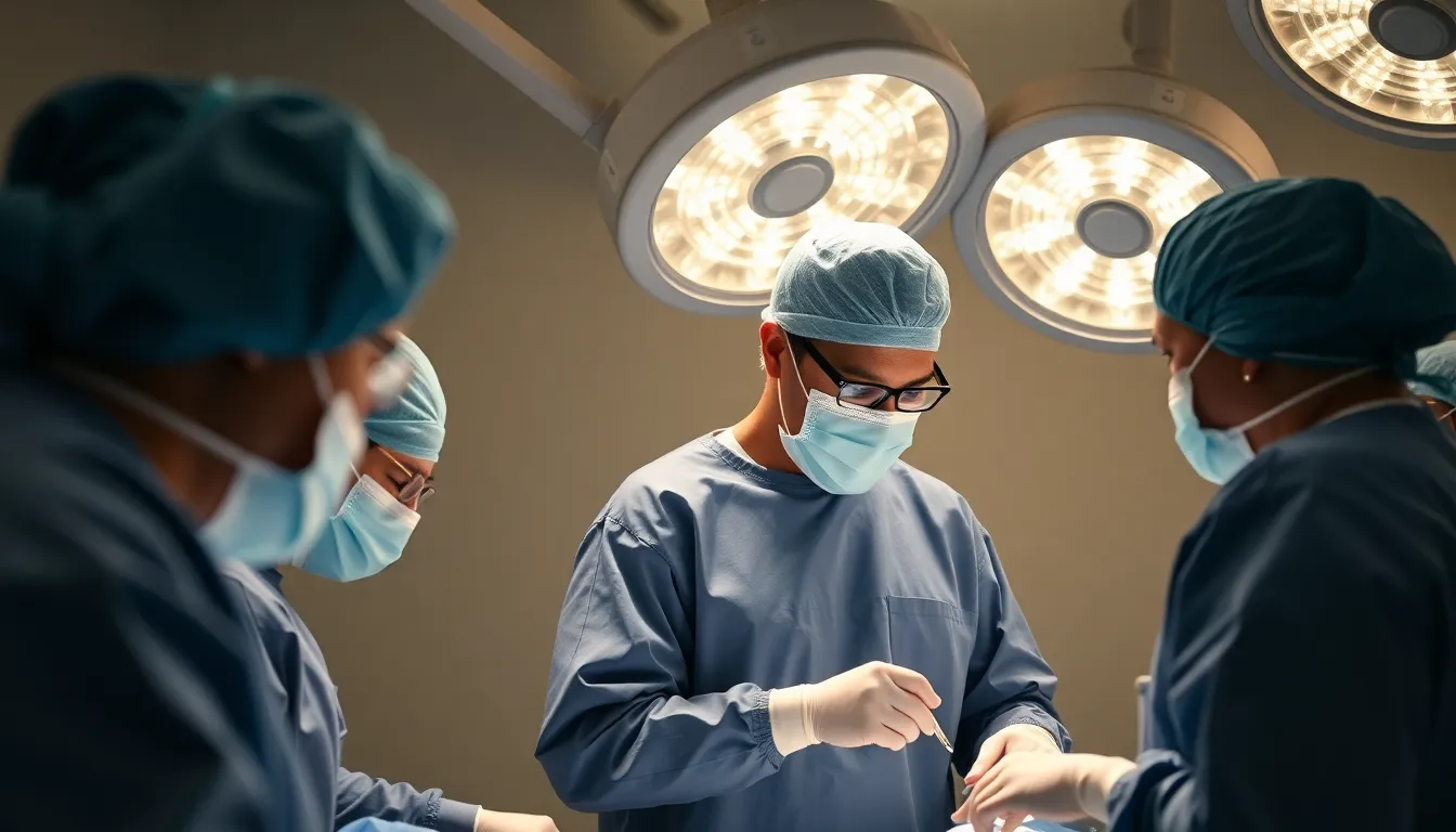 This powerful image captures a surgical team in the midst of a procedure, with bright studio lighting illuminating their focused expressions and meticulous movements. The clarity of detail in their scrubs and equipment conveys the seriousness of the operating room. With sharp focus maintained throughout and a balanced composition, the image evokes a sense of professionalism and dedication in the healthcare field. The natural color palette enhances the gravity of the moment.