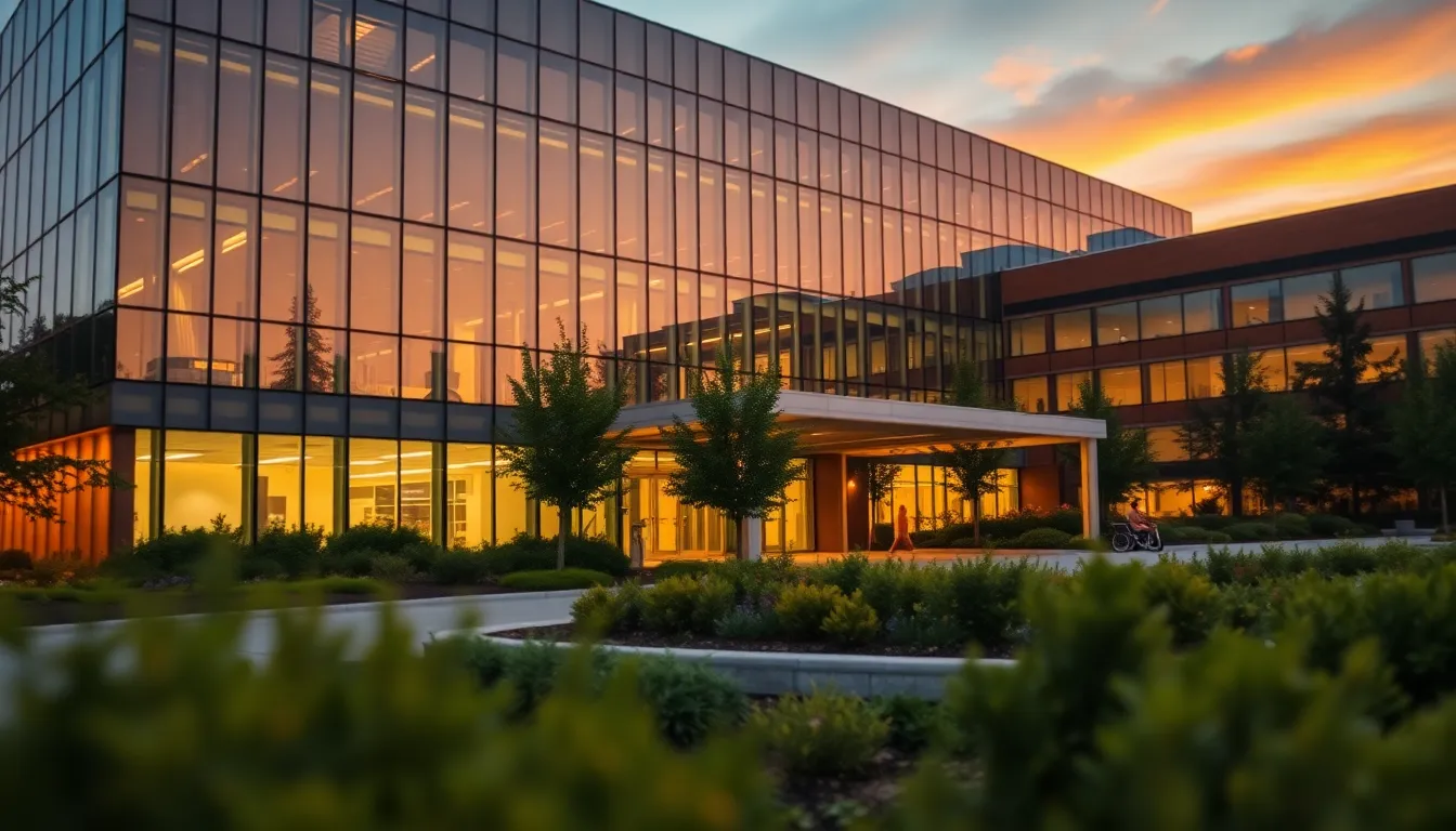 In this stunning dusk scene, a modern hospital stands majestically with its glass facade reflecting the warm hues of the setting sun. The inviting entrance is framed by beautifully landscaped gardens, enhancing the welcoming atmosphere of healthcare. Soft warm lighting illuminates the building, creating a tranquil and serene environment. Both the hospital and foreground gardens are kept in sharp focus, emphasizing their harmonious connection. The rich sunset colors against the earthy tones of the garden foliage bring a sense of hope and comfort to the viewer.