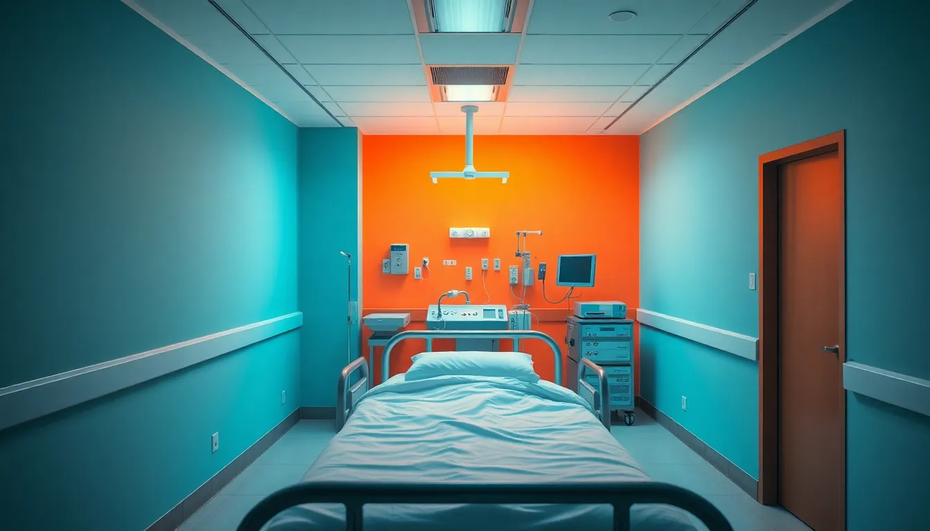 This image captures a neatly prepared hospital room showcasing a pristine bed and essential medical equipment. The studio lighting setup creates a professional ambiance, while cinematic color grading introduces a modern touch. The composition features leading lines that guide the viewer's eye through the room, emphasizing the organized and sterile environment that patients encounter. The attention to detail reflects the commitment to patient care and safety.