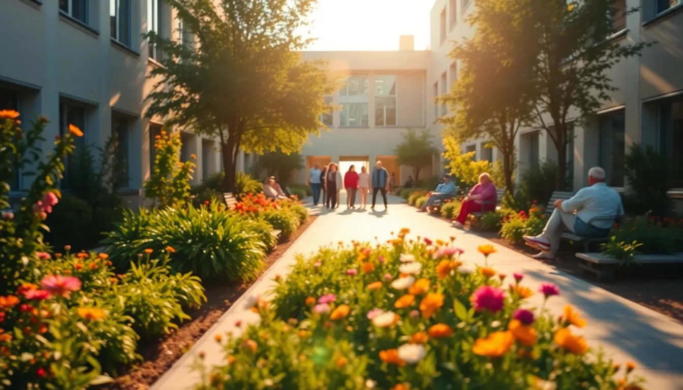 This uplifting image portrays a hospital garden, specifically designed for patient recovery, filled with lush greenery and blooming flowers. Patients are seen enjoying the serene environment in the warm late afternoon light, which bathes the scene in golden tones. The composition uses leading lines formed by pathways to guide the viewer’s attention to the heart of the garden. The shallow depth of field beautifully blurs the background, emphasizing the vibrant flora and creating a tranquil mood that embodies healing.