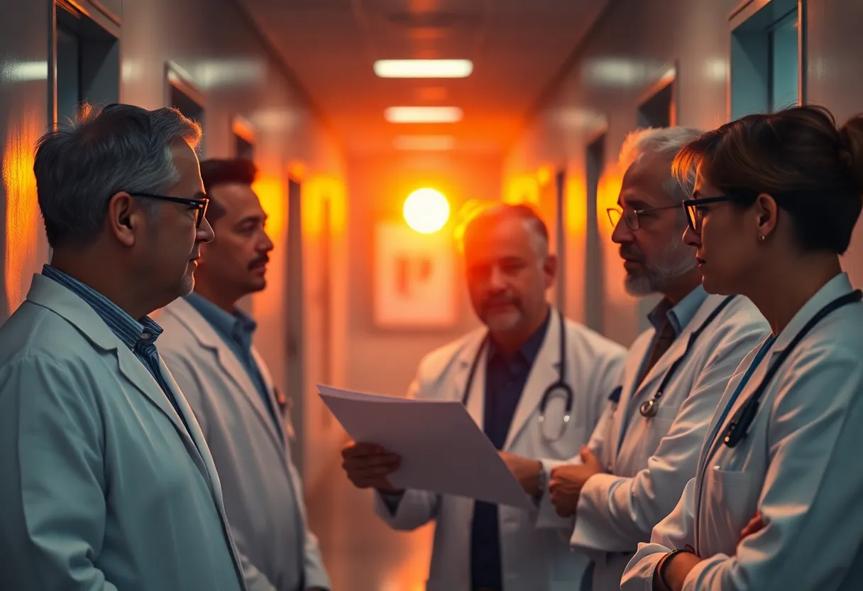This dynamic image features a group of doctors collaborating in a hospital corridor during golden hour, with warm backlighting creating a professional yet warm scene. Their focused expressions and gestures emphasize teamwork and dedication. Shot with a slight Dutch angle, the composition adds energy to the moment while soft bokeh maintains attention on the doctors. The color grading accentuates the clinical environment while conveying warmth and professionalism.