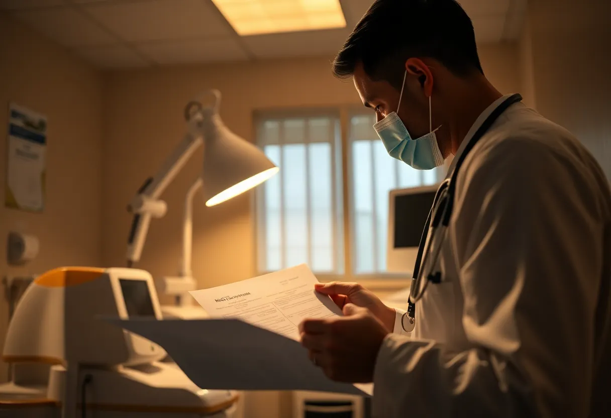 A focused doctor reviews patient charts in a warmly lit hospital room, illuminated by a soft tungsten lamp. The scene conveys diligence and care, with all elements, from medical equipment to paper charts, captured in sharp detail. The approach conveys a professional atmosphere enhanced by a natural earth tone palette, evoking trust and calm within the healthcare setting.