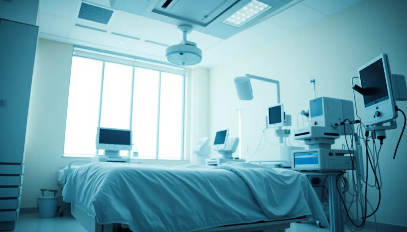 Sterile Hospital Room with Modern Equipment A bright and sterile hospital room is depicted, showcasing the latest medical technology under diffused daylight. The soft color palette of grays and blues creates a calming effect, while the dynamic tilted angle adds interest. Every detail, from the smooth bed linens to the reflections on the clinical surfaces, is captured with hyperfocal clarity. This image emphasizes the safety and comfort of modern healthcare environments.