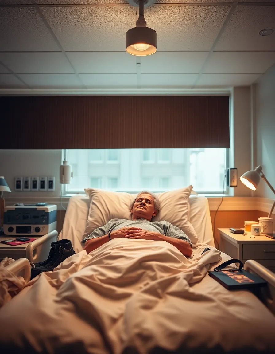 A cozy hospital room offers a glimpse into a patient's personal space, filled with warmth and character. The combination of tungsten and natural light creates a soothing atmosphere that highlights personal belongings like photographs and books beside the bed. The shallow depth of field beautifully isolates the patient, making the environment feel intimate and caring. This image captures the essence of healing and comfort in a healthcare setting, ideal for patient-centric narratives.