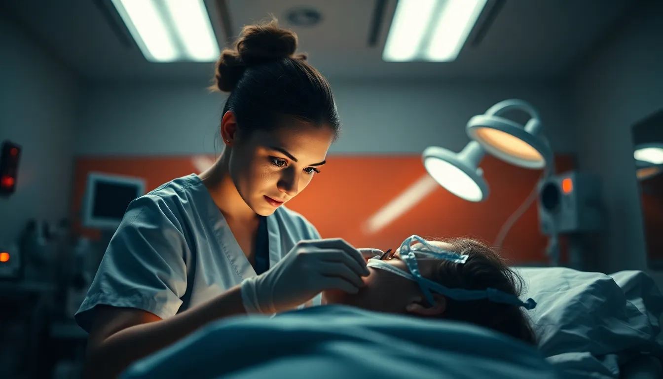 This image captures a nurse providing immediate care to a patient in an emergency room, filled with clinical equipment. The dramatic lighting emphasizes the urgency of the situation, while the shallow depth of field focuses on the nurse's compassionate expression. The deep shadows and highlighted areas of medical scrubs add to the realism, and the cool color grading creates a sense of calm amidst the chaos.