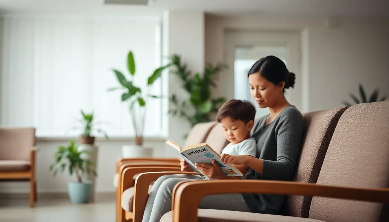 Comforting Hospital Waiting Room Scene A serene hospital waiting room captures a mother reading to her child, emphasizing a soothing atmosphere. Soft, diffused daylight fills the room, enhancing the warm wooden textures and vibrant greenery. The shallow depth of field draws attention to the pair, creating a sense of intimacy in a healthcare setting. The overall composition invites viewers to experience a calm moment amidst the bustle of a hospital.