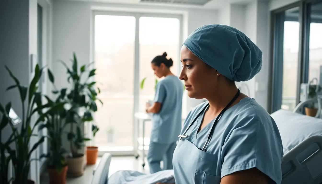 Nurse Helping Patient in Hospital Room A serene hospital scene showcasing a nurse attentively aiding a patient in a well-lit room. The soft light filtering through large windows highlights the gentle atmosphere, while natural colors evoke feelings of comfort and care. The composition draws the viewer's eye to the interaction, emphasizing the compassion present in healthcare. Textures of smooth surfaces and soft fabrics add depth to the image.