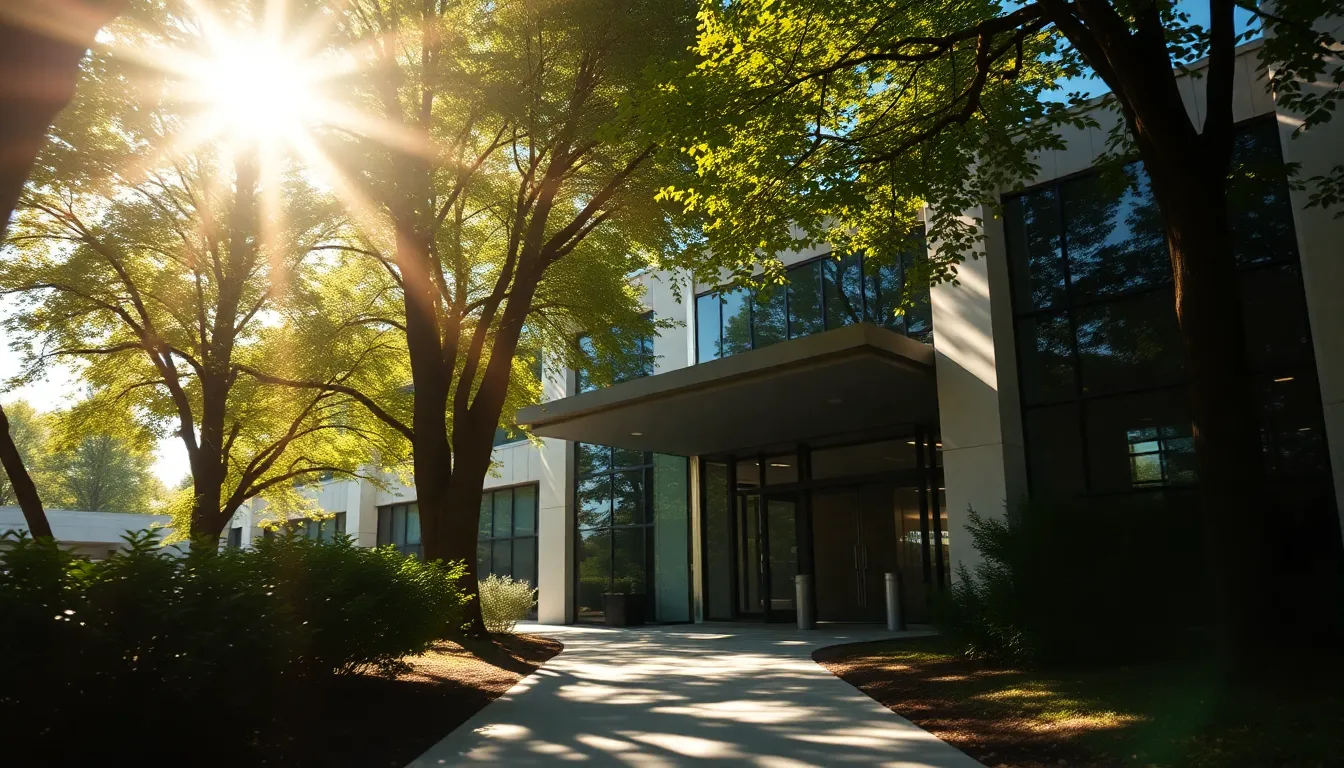 Modern Hospital Entrance Surrounded by Nature This image showcases a modern hospital entrance, beautifully framed by dappled sunlight and surrounding trees. The glass facade reflects the greenery, creating a harmonious blend between architecture and nature. Leading lines draw the viewer towards the entrance, inviting them into the healthcare facility. The warm colors and intricate textures enhance the inviting nature of this contemporary space.