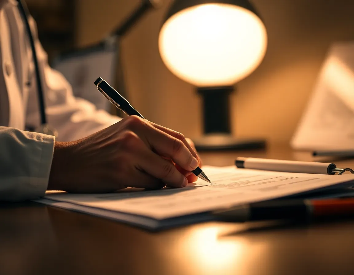 This close-up image features a doctor's hand diligently writing notes on a patient's file, illuminated by a warm desk lamp. The intimate focus highlights the textures of the paper and pen, conveying the significance of accurate record-keeping in healthcare. The inviting warm colors create a professional yet approachable mood, making it ideal for healthcare-related content. The centered composition emphasizes the importance of detail and care in patient management.