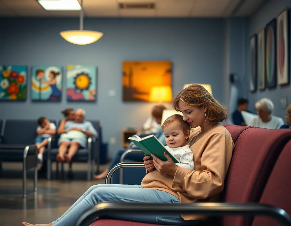 This inviting image captures the vibrant atmosphere of a hospital waiting area filled with colorful artwork. A young mother is seen reading to her child, creating a heartwarming scene of family interaction. The warm glow from the tungsten lamp and soft background bokeh enhance the comforting mood, making healthcare spaces feel more approachable and friendly.