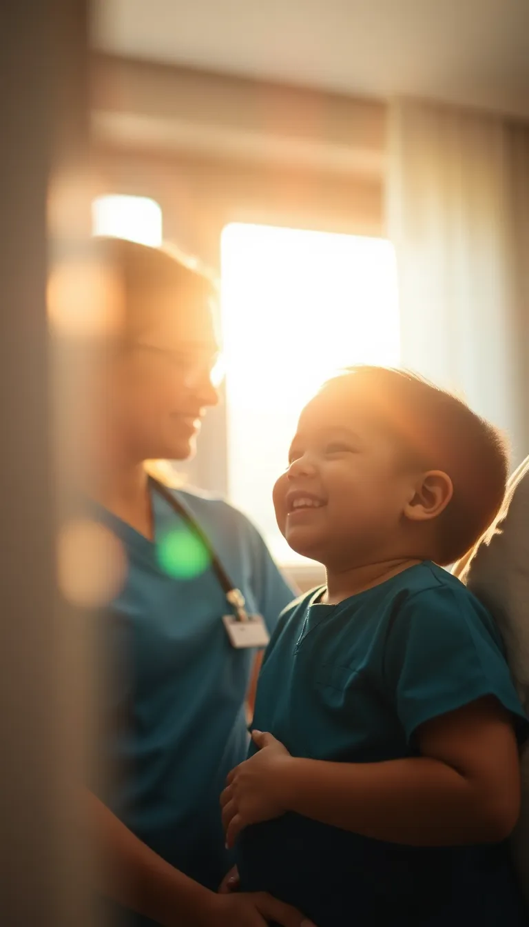 This heartwarming image captures a pediatric patient joyfully interacting with a caring nurse in a hospital setting. The dramatic backlighting from the window enhances the warmth of the moment, while the shallow depth of field creates a dreamy bokeh effect. The child’s joyful expression is the focal point, embodying hope and care in healthcare. The composition thoughtfully positions the child to emphasize their connection, making it perfect for conveying compassion in medical environments.