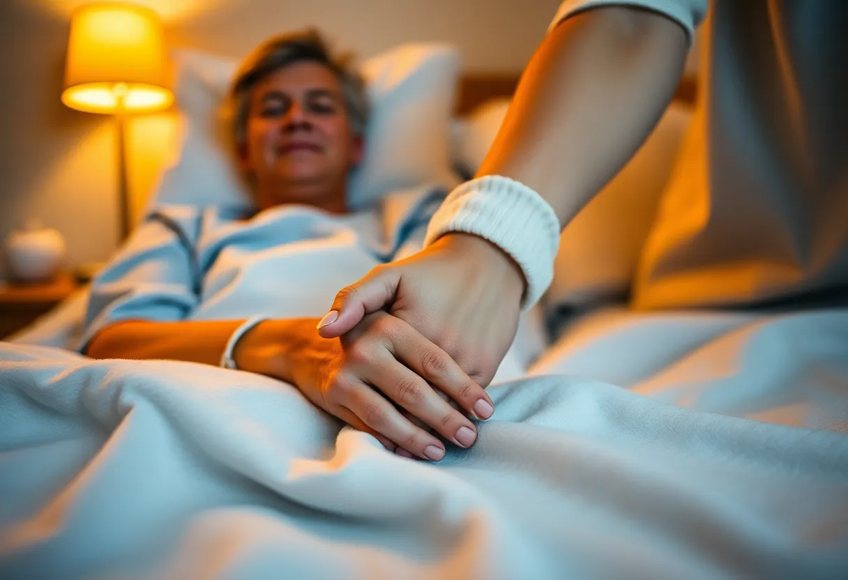 This intimate scene captures a patient in a hospital room holding hands with a loved one under warm tungsten lighting. The close focus on their hands emphasizes the emotional bond during challenging times, while the cozy atmosphere invites feelings of support and care. The background softly blurs, allowing viewers to concentrate on their tender exchange. The warm tones evoke a sense of comfort amidst the clinical environment.