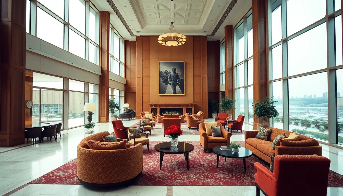 This photorealistic image showcases an elegant hotel lobby drenched in soft, diffused daylight. The luxurious furnishings, rich textiles, and tasteful decor create a sophisticated ambiance inviting guests to relax. The composition is centered, emphasizing the grandeur of the space, while the warm Kodak Portra tones add to the inviting atmosphere. This scene inspires comfort and style, perfect for upscale travel experiences.