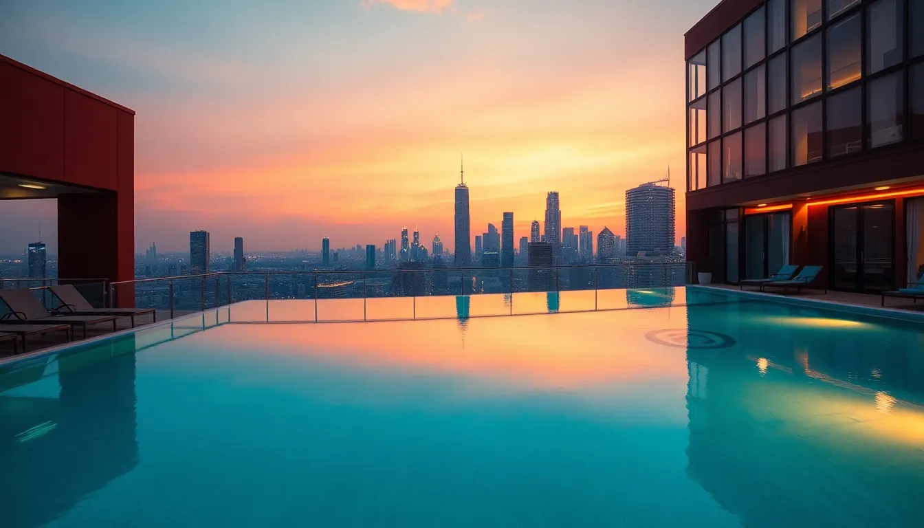 Discover the stunning view from a rooftop pool, overlooking a vibrant city skyline at sunset. The soft golden light reflects off the water, creating a tranquil ambiance complemented by comfortable lounge chairs. As the city lights begin to twinkle, the cinematic teal and orange tones contrast beautifully against the sky. The composition draws the viewer's eyes from the pool's edge toward the mesmerizing skyline, inviting a sense of relaxation.