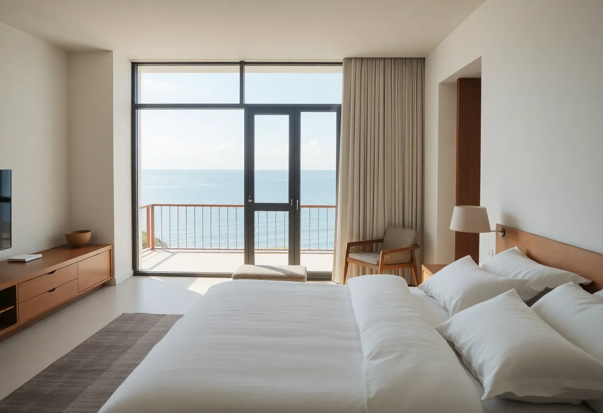 Immerse yourself in a minimalist hotel room that features a large window revealing a stunning ocean view. The serene ambiance is enhanced by soft diffused daylight, illuminating the textures of linen bedding and natural wood accents. The neutral color palette creates a calming environment, perfect for relaxation. The thoughtful composition centers on the window, elegantly framing the beautiful scenery outside, inviting guests to unwind.
