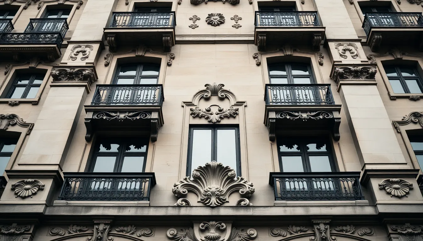 This striking image captures the intricate architectural detailing of a historic hotel facade. Soft overcast daylight reveals the textures of weathered stone and elegant balconies, enhancing the beauty of its heritage. With hyperfocal clarity, every detail from the carvings to the sky is visible. The centered composition emphasizes the grandeur and symmetry of the architecture, inviting viewers to appreciate its artistry.