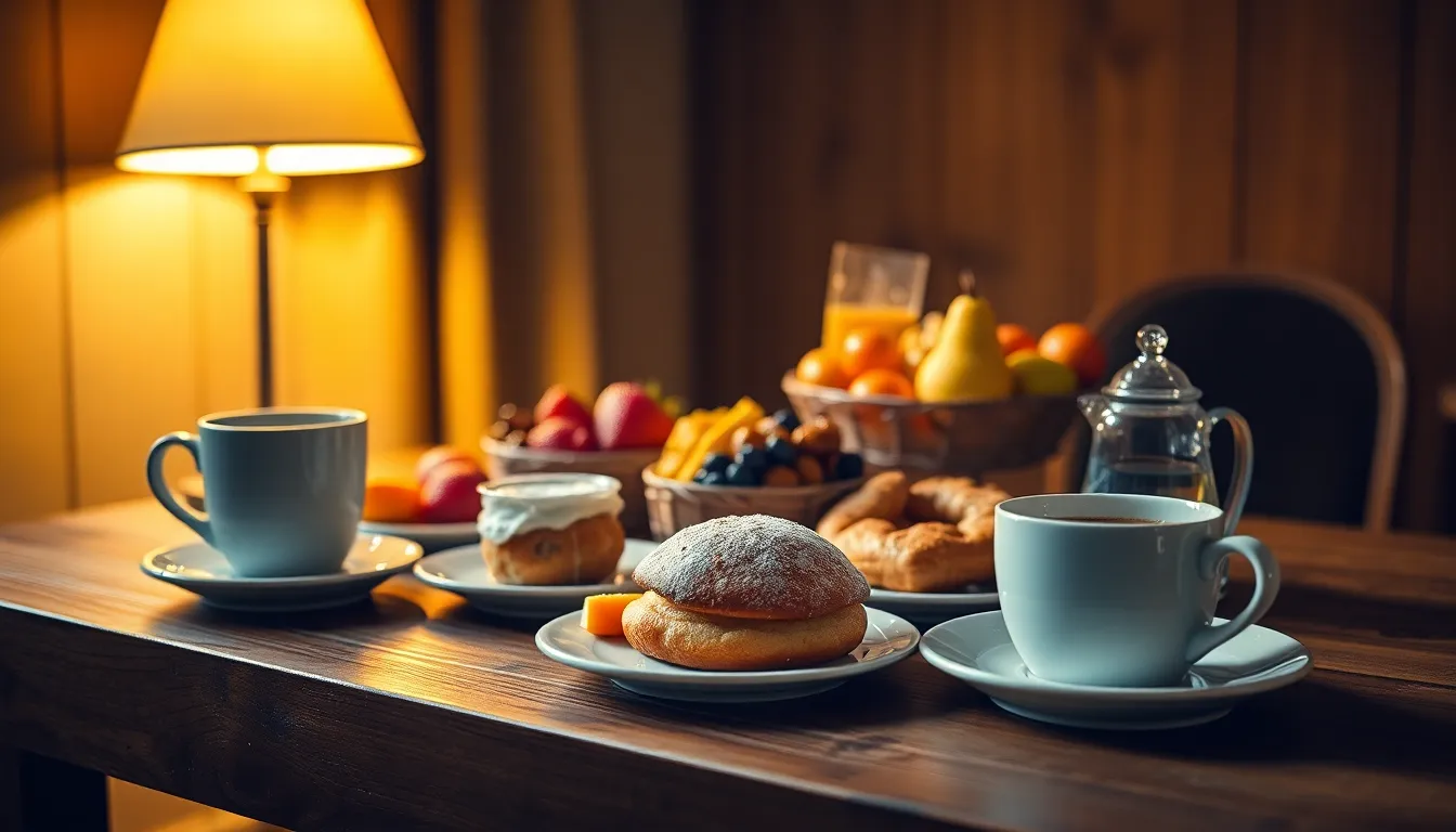 Delicious Hotel Breakfast Spread on Rustic Table
