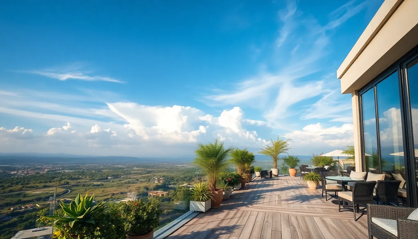 A picturesque hotel terrace featuring stylish outdoor furniture complemented by vibrant potted plants. The tranquil backdrop of clear blue skies and soft clouds invites relaxation, while the composition’s use of the rule of thirds emphasizes the outdoor space. Weathered wood textures contrast beautifully with the modern glass railings, creating a perfect spot for guests to enjoy scenic views.