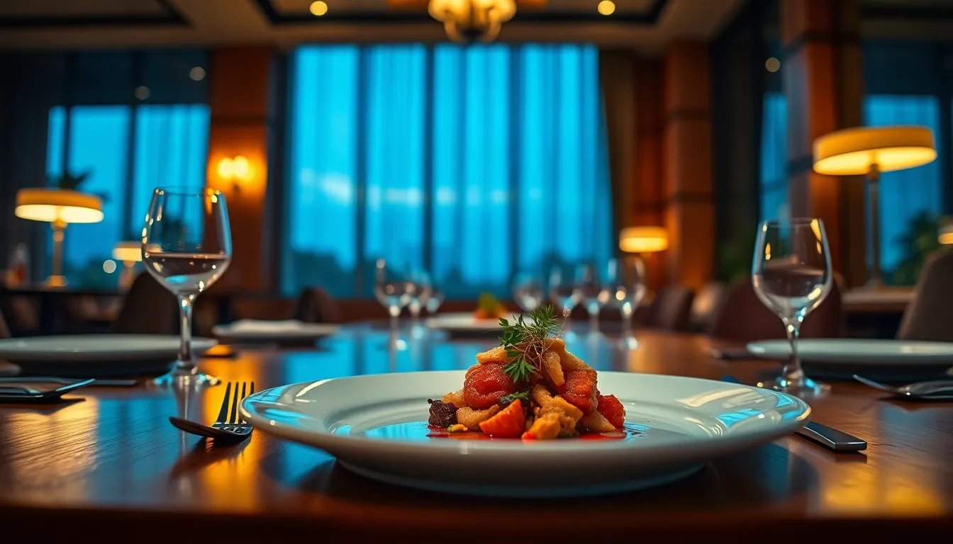 This exquisite image depicts a beautifully arranged dining setup in a hotel restaurant, enhanced by soft evening light. The teal and orange color grading adds warmth and depth, creating an inviting atmosphere for guests. The macro lens captures intricate details of the polished wooden table and elegant tableware, while a beautifully plated dish serves as the focal point. This scene perfectly encapsulates the elegance of hotel dining experiences.