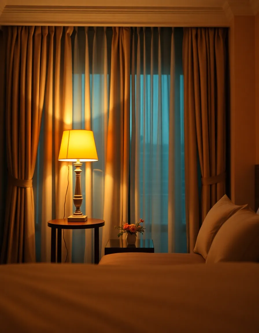 An elegant hotel room scene captured under warm tungsten lighting, showcasing a cozy atmosphere ideal for evening relaxation. The warm colors contrast beautifully with a cinematic teal and orange palette, enhancing the inviting feel. The symmetrical composition highlights the luxurious bedding and plush curtains, making this space perfect for a romantic getaway or a restful retreat.