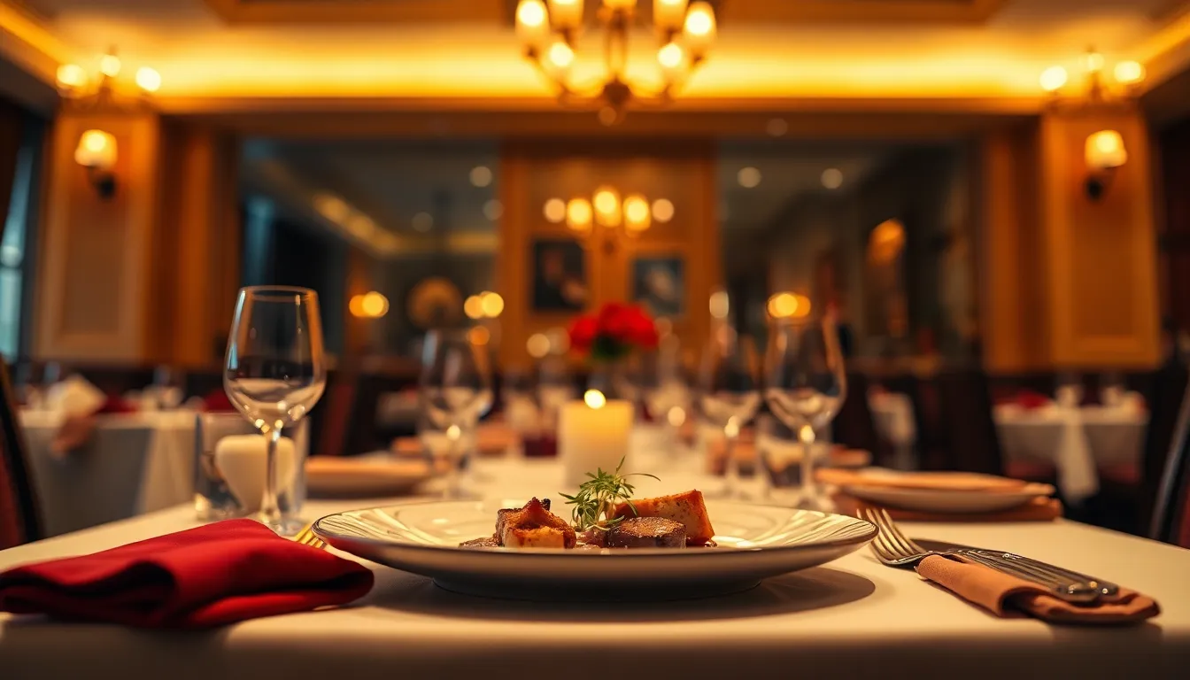 Intimate Dining Experience in Luxury Restaurant An intimate dining experience is captured in a luxury hotel restaurant, showcasing an elegantly arranged table set for two. Soft candlelight flickers, enhancing the romantic mood while highlighting intricate dish presentation. Rich tones of red and gold set a warm atmosphere, attracting couples looking for a special evening. The attention to detail in table settings emphasizes the refinement of hotel dining.