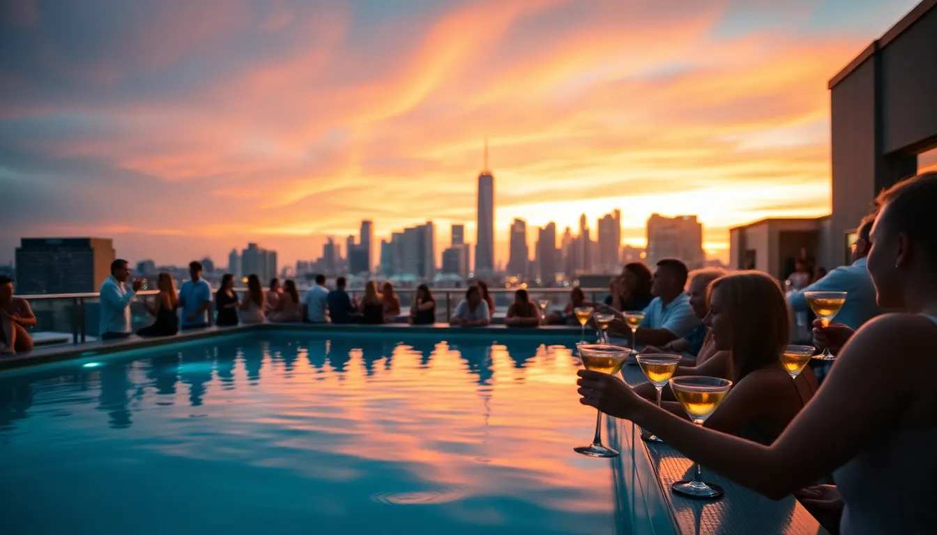 Sunset Rooftop Pool Scene in City This dynamic image captures a vibrant rooftop pool scene at sunset, filled with guests enjoying cocktails against a stunning city skyline. The dramatic lighting enhances the vibrant hues of orange and teal, creating a cinematic atmosphere. With a shallow depth of field, the foreground is lively while the city fades into a beautiful bokeh. The composition's leading lines draw the viewer's eye toward the breathtaking skyline, emphasizing the party's vibrancy.