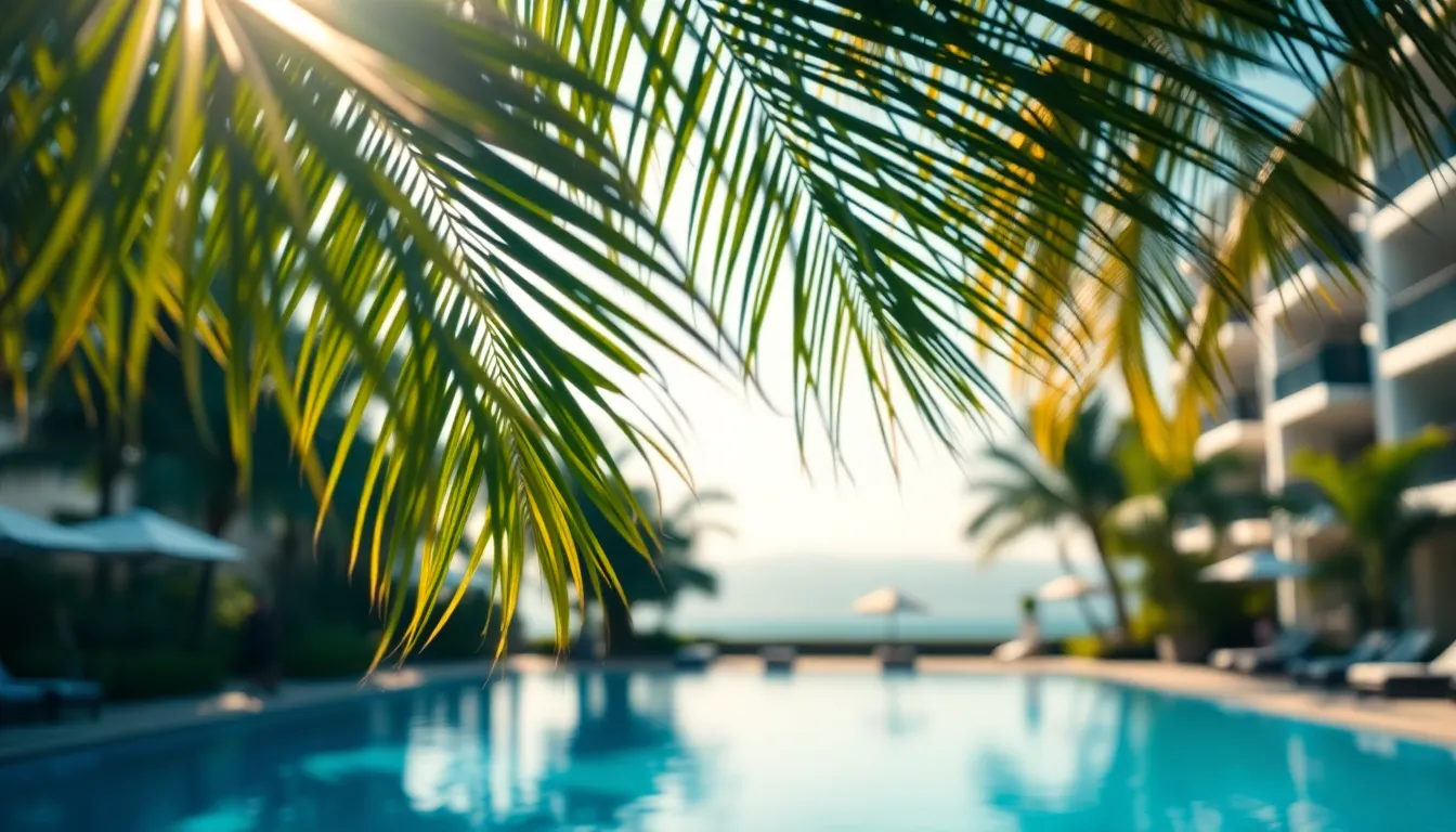 A serene view of a hotel pool surrounded by tropical foliage. The dappled sunlight creates dynamic shadow patterns on the pool’s surface, while vibrant hues of blue and green evoke a sense of relaxation. The composition uses leading lines to draw the viewer's eye towards the horizon, creating an inviting escape in a travel destination filled with natural beauty.