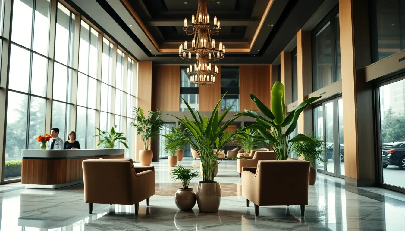Elegant Hotel Lobby with Lush Greenery