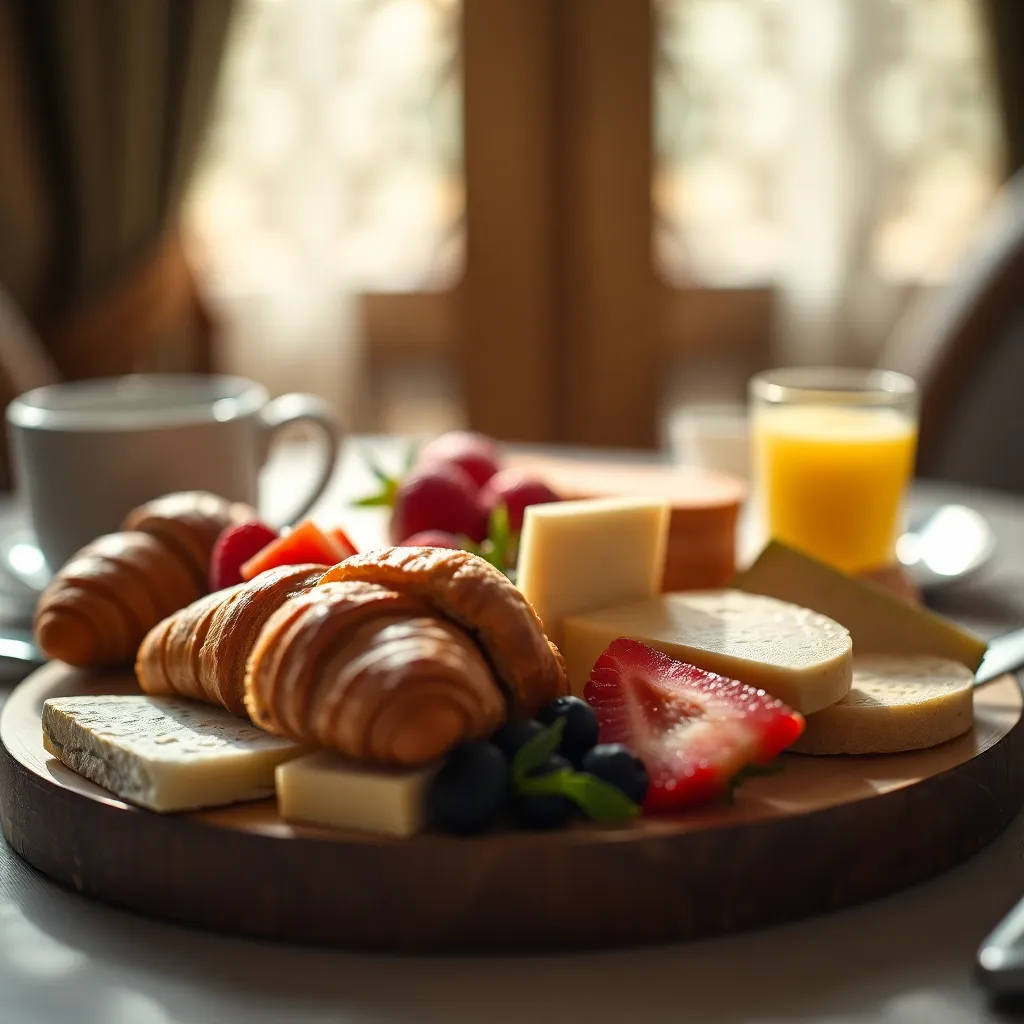 Delight in a luxurious gourmet breakfast setting at a boutique hotel, featuring a meticulous arrangement of fresh fruit, flaky croissants, and artisanal cheeses. Soft morning light enhances the textures and colors, inviting guests to indulge. The natural muted tones create a warm and inviting atmosphere, perfect for a leisurely morning. The centered composition captures the exquisite presentation, showcasing the hotel's commitment to quality and detail.