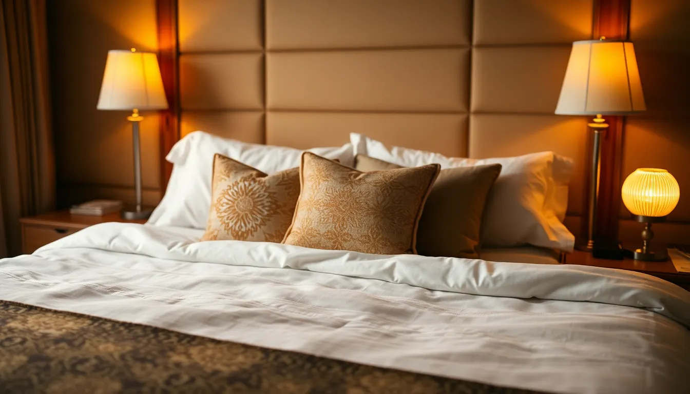 Cozy Hotel Room with Inviting Bed Setting This image embodies the warmth and comfort of a cozy hotel room lit by soft tungsten desk lamps. The bed is perfectly made with crisp linens and decorative pillows, creating an intimate atmosphere ideal for relaxation. The warm amber tones enhance the welcoming feeling, while the shallow depth of field focuses on the bed, inviting viewers into the scene. The plush textures of fabric and pillows add to the overall sense of comfort.