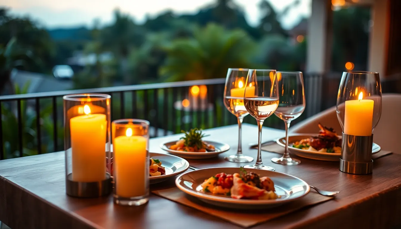 This captivating image showcases an intimate outdoor dining setup on a hotel terrace at twilight. Illuminated by warm candlelight, the scene exudes romance and warmth, with gourmet dishes elegantly presented. The selective focus highlights the dining details while soft garden hues create a tranquil background. The inviting composition draws viewers in, inviting them to share in this cozy, sophisticated experience.
