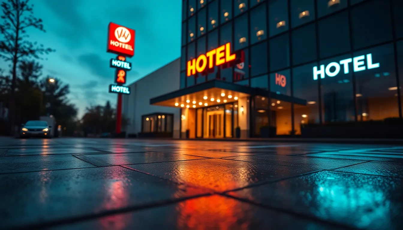 Modern Hotel Facade Under Neon Lights at Twilight