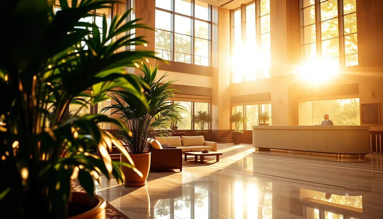 Experience the inviting ambiance of a luxury hotel lobby, highlighted by warm sunlight illuminating polished marble floors and lush green plants. The elegant reception area, adorned with sophisticated furniture, creates a sense of opulence and comfort. The warm golden tones and soft greens enhance the inviting atmosphere, making it a perfect setting for travelers. The thoughtful composition and rich textures draw the viewer into this stunning space.