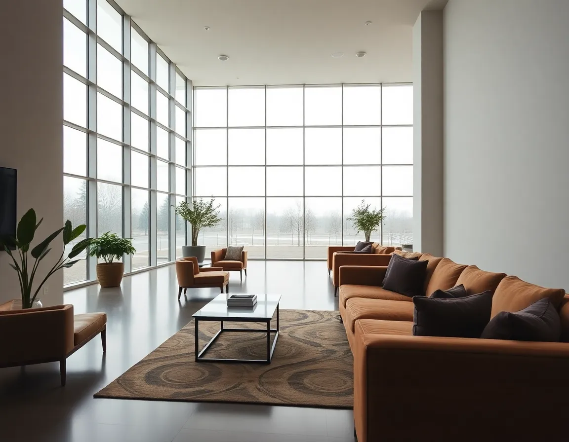 An inviting hotel lobby scene featuring a chic seating area bathed in soft, diffused daylight. The plush sofas and armchairs are arranged invitingly, creating a comfortable and stylish atmosphere. The use of natural, muted tones and warm wooden textures adds to the cozy feel of the space, making it an ideal spot for guests to relax or socialize.