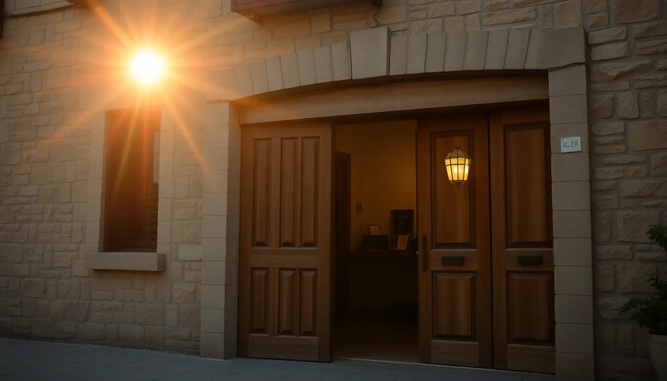 This image captures the inviting entrance of a charming hotel bathed in the soft glow of golden hour light. The warm tones enhance the natural textures of the weathered wood and stone, creating a cozy atmosphere. The shallow depth of field emphasizes the entrance while the background melts into a warm bokeh. A harmonious blend of muted colors evokes a sense of tranquility, perfect for travelers seeking comfort.