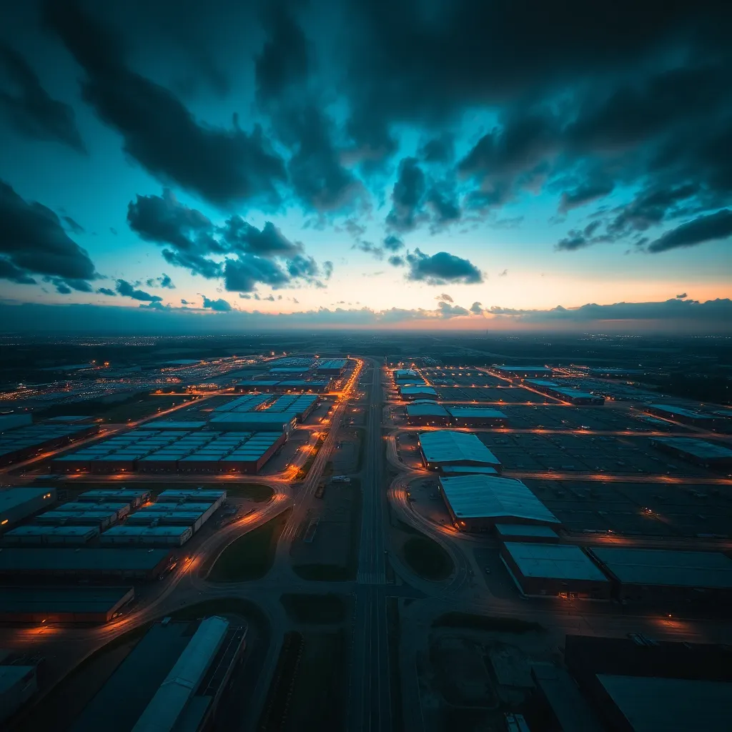 Aerial View of Industrial Complex at Dusk