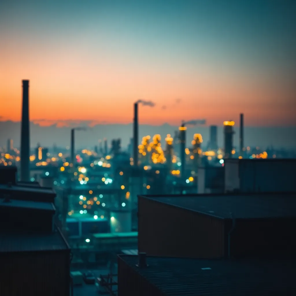 Twilight Industrial Skyline with Smokestacks