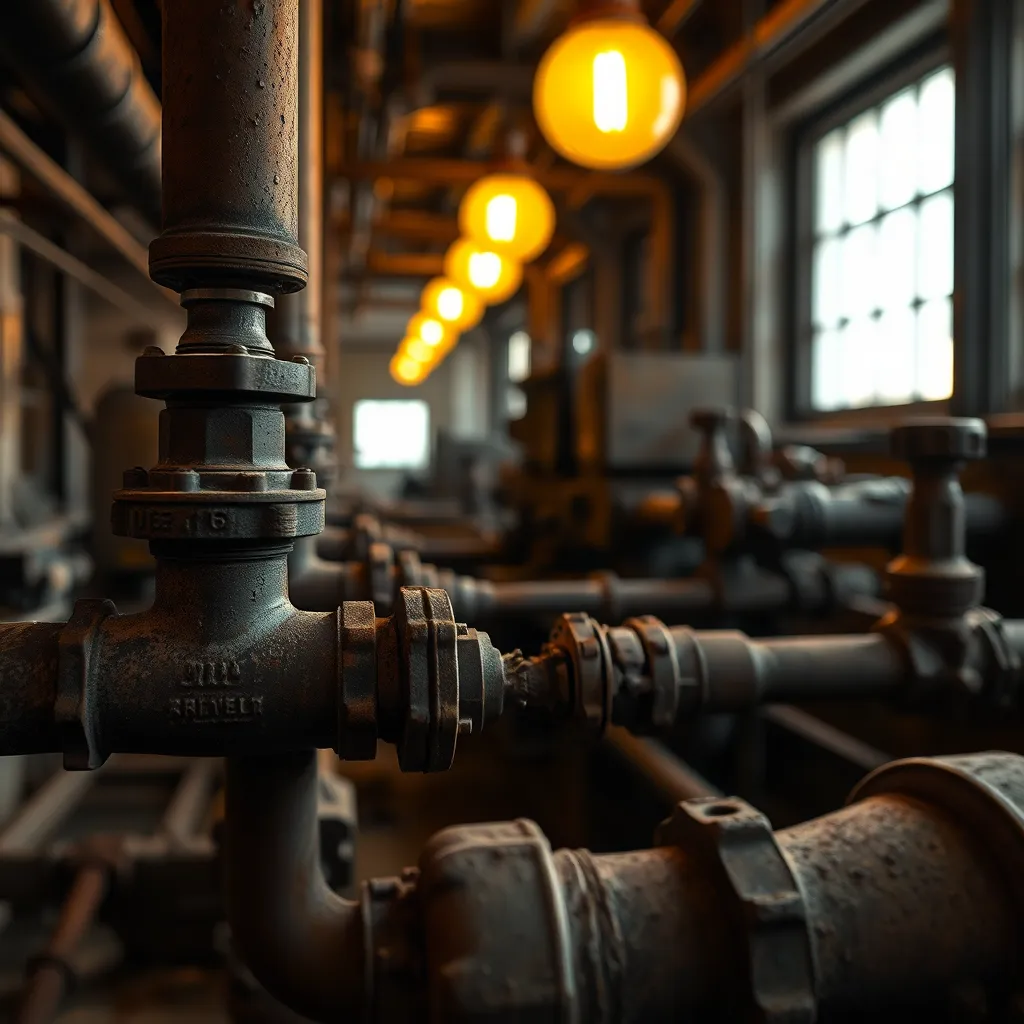 Intricate Network of Rusted Pipes in Forgotten Factory