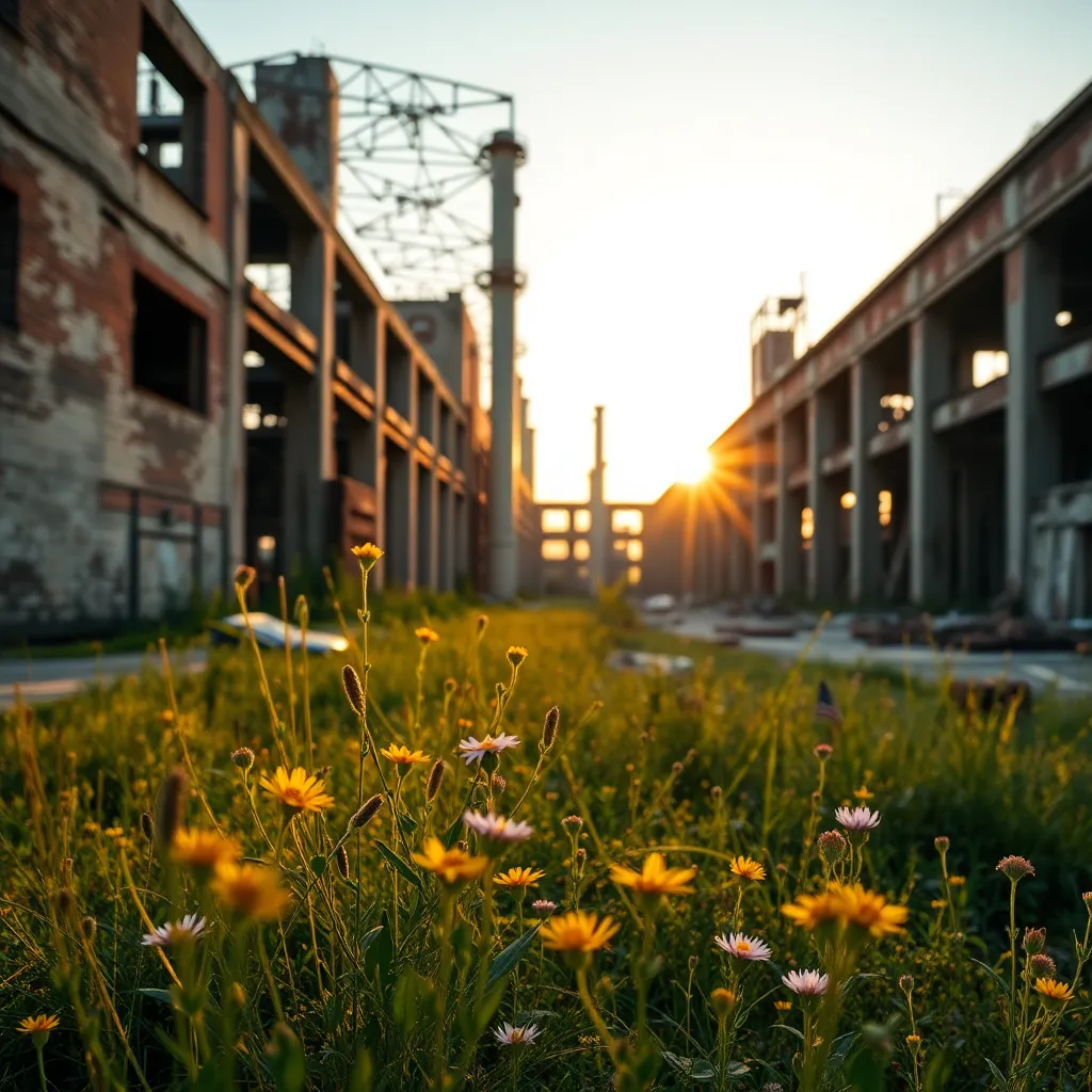Abandoned Factory Complex at Sunrise with Wildflowers