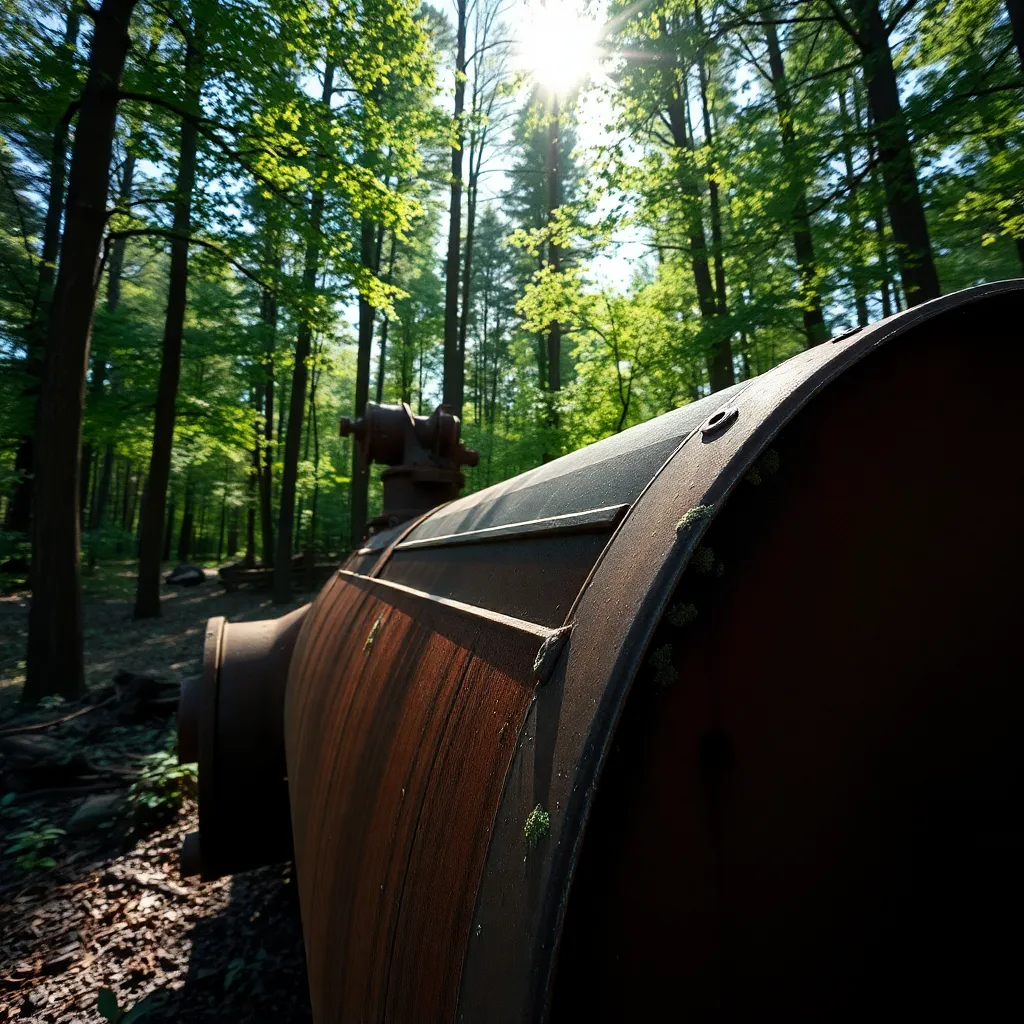 A captivating shot of rusted industrial piping surrounded by lush greenery, illuminated by dappled sunlight filtering through the tree leaves. The macro detail highlights the peeling paint and textural rust on the pipes, while the shallow depth of field brings the foreground to life. The cinematic teal and orange color grading adds a dramatic flair, framing the contrast between nature and industry. This image captures the interplay of decay and life in an industrial setting.