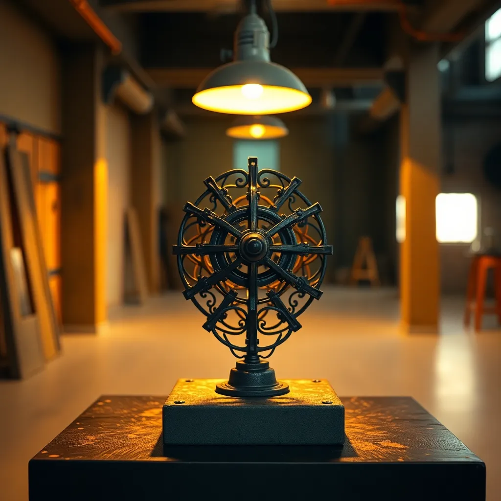 An artistic view of a metal sculpture illuminated by a warm tungsten lamp in an industrial loft. The shallow depth of field creates a creamy background bokeh, drawing attention to the sculpture's intricate details. The golden warm tones of the Kodak Portra 400 color palette enrich the scene, while the centered composition offers balance. Textured metal surfaces capture scratches and patinas that reflect the ambient light, enhancing the sculpture’s character.