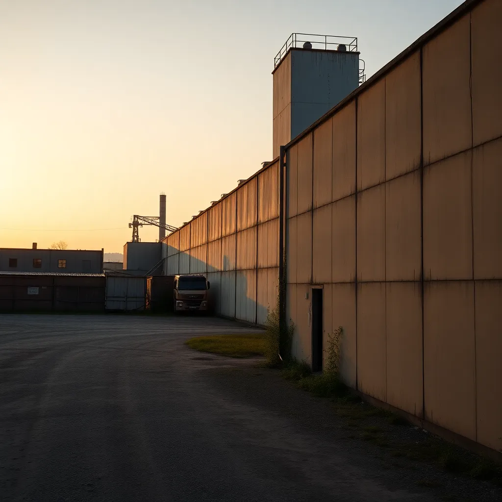 A wide view of a factory exterior bathed in warm golden light during dusk. Captured with precise focus across the entire frame, this image reveals the rich textures of weathered concrete and creeping greenery. The muted tones and desaturated colors evoke a nostalgic atmosphere, while the factory's position in the rule of thirds composition adds visual balance. The natural light enhances the beauty of understated industrial elements, showcasing nature’s reclaiming of space.