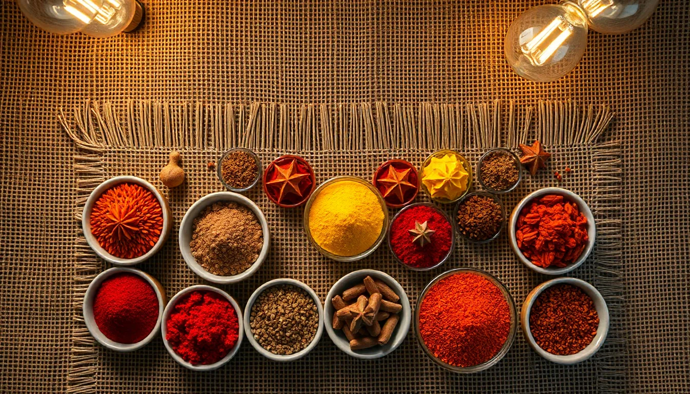 Colorful Spice Arrangement on Burlap This overhead shot captures a vibrant assortment of spices displayed in small bowls on a textured burlap backdrop. Warm tungsten lighting casts a cozy glow over the scene, accentuating the rich colors of the spices. Each bowl is meticulously arranged, demonstrating a balance and symmetry that invites exploration. The textures of both the spices and the burlap provide a tactile appeal, making it an ideal visual for culinary-themed projects.